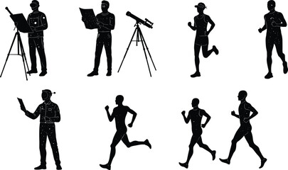 Collection of diverse human silhouette activities including running, jogging, reading, and observing with telescope, isolated black vector figures on white background