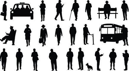 Collection of urban people silhouettes showing daily commuting, walking, waiting, sitting, and traveling scenes for public transportation and city lifestyle illustration projects