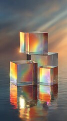 Three luminous transparent cubes with neon gradient colors reflecting on the water surface at sunset.
