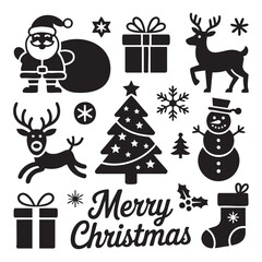Fototapeta premium Black Christmas Icons Santa Claus Reindeer Snowman Christmas Tree Gifts Stocking vector