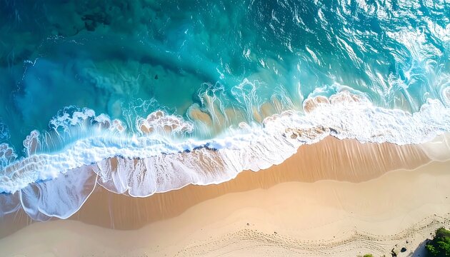 Aerial view of a stunning shoreline. Turquoise ocean waves crash onto a sandy beach under bright sunshine. The scene is tranquil and inviting