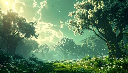 Obraz premium Lush Green Forest Landscape with Sunlit Trees and Cloudy Sky.