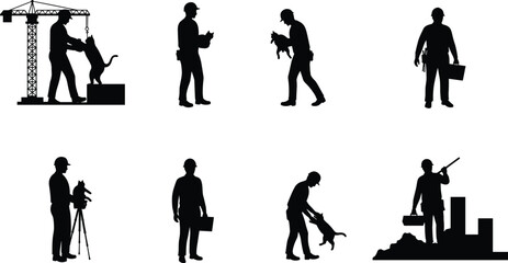 Construction workers rescuing cats on building site, teamwork and animal care concept, safety and compassion illustration, worker helping animal rescue scene