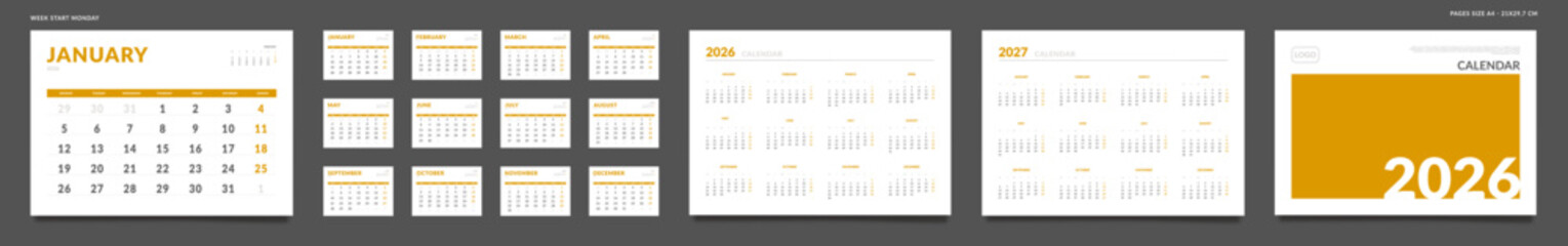 2026 Calendar Planner Set of Template grid Monthly Page, Cover with Place for Photo, Company Logo, Annual 2026, 2027. Vector layout of wall or desk organizer ready print. Week start Monday. Pages A4