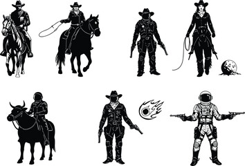 Cowboy and space ranger silhouette set, western astronaut illustration, horse riding cowboys with guns, futuristic space cowgirl vector art design