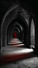 Naklejka premium Mysterious arched corridor with moody lighting and a hint of red, creating an eerie atmosphere