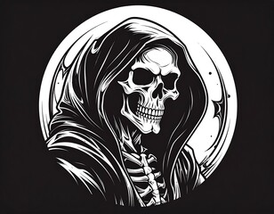 A black and white illustration of the Grim Reaper's skeletal head and upper torso set against a circular background