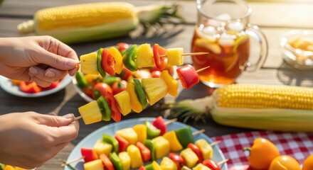 Colorful vegetable and fruit skewers with refreshing summer tea and corn on a picnic table