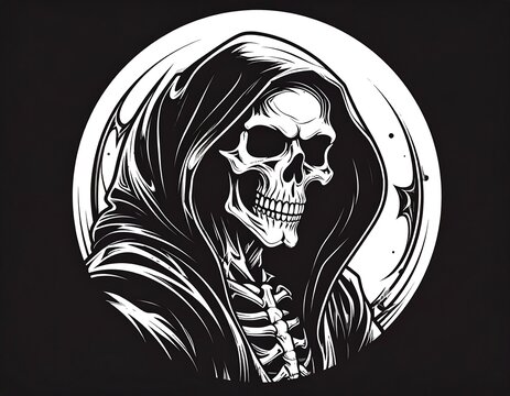 A black and white illustration of the Grim Reaper's skeletal head and upper torso set against a circular background - Powered by Adobe