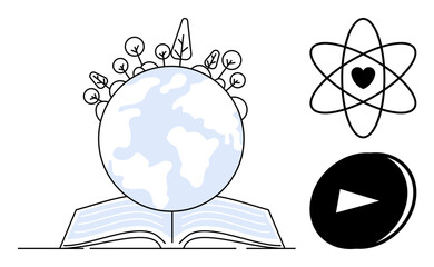 Open book with Earth, plant elements and atoms, representing knowledge, science, sustainability, and learning. Ideal for education, innovation, nature global unity ecological awareness scientific