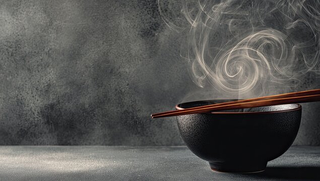 Steaming bowl with chopsticks, dark background, wispy smoke swirls