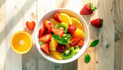 A vibrant fruit salad featuring strawberries, kiwi, and orange slices, presented in a white bowl on a rustic wooden surface.