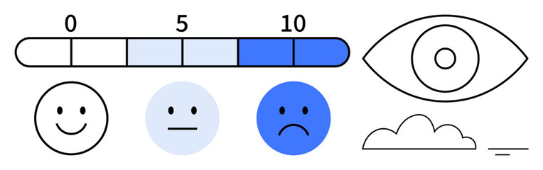 Emotion concept. Emotion displayed with facial expressions, rating scale, and perception elements thumbs up an eye symbol. Emotion for mental health, feedback, surveys, UI design, psychology
