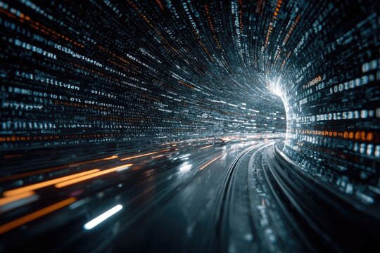 Data tunnel of binary code rushing towards light