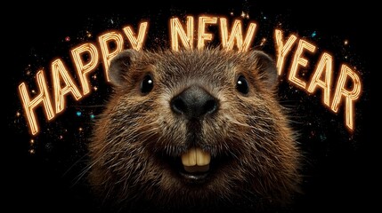 Funny beaver wishing a happy new year cute animal smiling with big teeth festive greeting card for the holidays