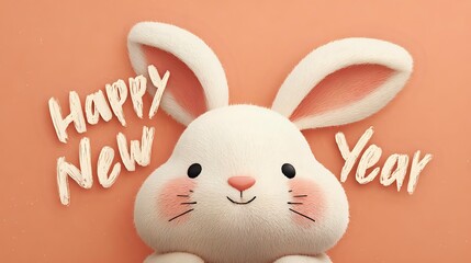 Cute cartoon rabbit a symbol of the Chinese New Year with a festive Happy New Year message on a peach background