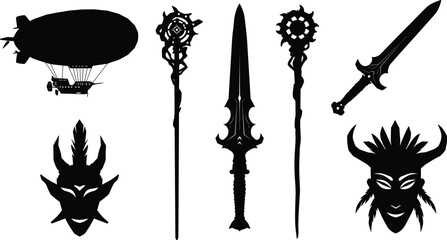 Fantasy weapons, magical staffs, swords, masks, and airship silhouette design representing adventure, mythology, steampunk, and fantasy art illustration concept
