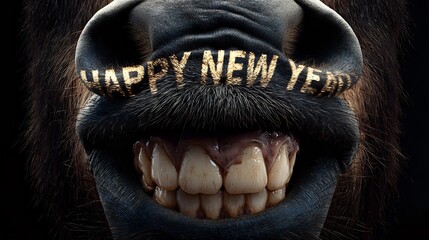 Funny horse with big teeth wishing Happy New Year humorous animal portrait for holiday greeting cards and social media posts isolated on black