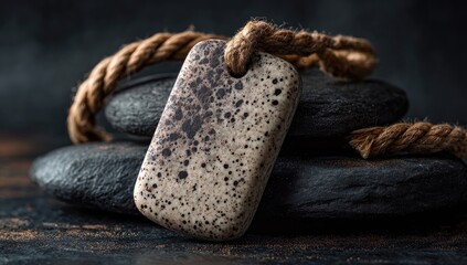 Speckled stone tag with rope, stacked on smooth, black stones