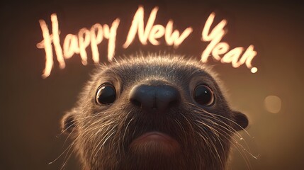 Close-up of a cute otter wishing Happy New Year adorable animal portrait for holiday greetings festive and heartwarming