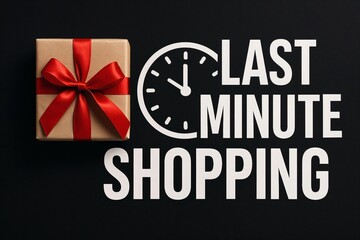 Gift box with red bow beside the words 'Last Minute Shopping' on a black background, symbolizing the rush of holiday shopping