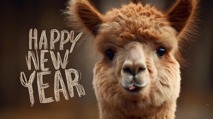 Funny alpaca with tongue sticking out celebrating Happy New Year humorous animal portrait for holiday greeting cards and social media posts