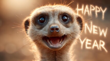 Smiling meerkat portrait with a happy New Year message festive animal greeting card perfect for holiday social media posts