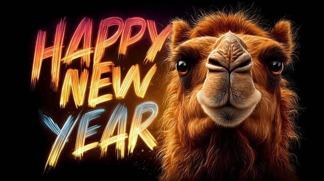 Humorous camel portrait with festive Happy New Year text a fun and unique greeting card design perfect for holiday celebrations