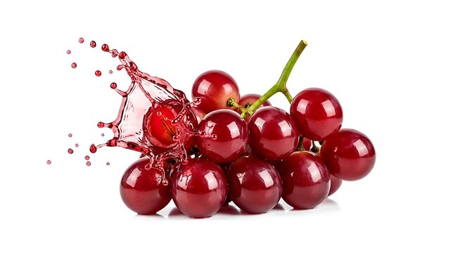 Fresh red grapes with juice splash on white background.