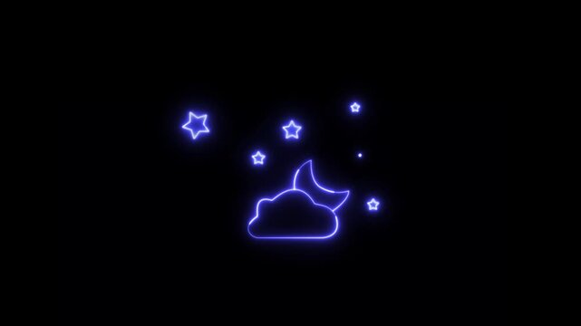 Neon Night icon. Moon and stars. Night mode icon. Crescent moon and cloud with stars icon animation.