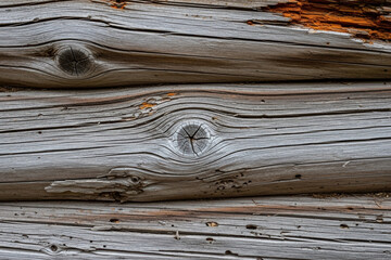 Close up of weathered aged wooden logs stacked horizontally