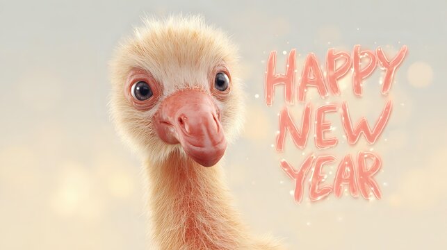Close-up of a cute baby ostrich wishing Happy New Year a festive and heartwarming image for holiday greetings and celebrations