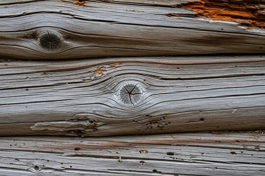 Close up of weathered aged wooden logs stacked horizontally