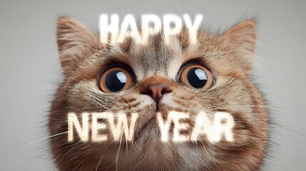 Funny cat portrait with glowing Happy New Year text overlay festive and humorous greeting card or social media post isolated on white background