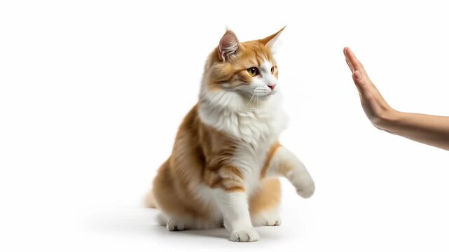 A ginger and white long-haired cat giving a high five to a human hand against a plain white background