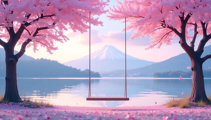 Serene Lake with Cherry Blossoms, Swing, and Distant Mountains in Pastel Sunrise