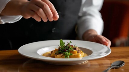 Professional Chef's Hands Delicately Garnishing a Gourmet Pasta Dish with Fresh Herbs, Elevating the Culinary Experience in a Fine Dining Setting