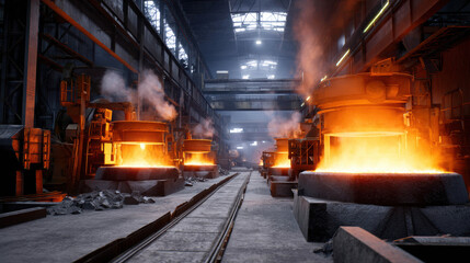 Obraz premium Detailed Depiction of Modern Mineral Smelting Plant with Molten Metal and Industrial Environment Captured in High Resolution