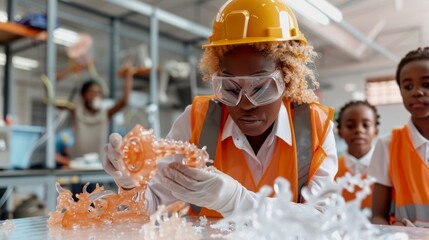 A successful female mechanical engineer in a hard hat and safety vest is showing a 3D-printed model of a bridge to a group of intrigued students