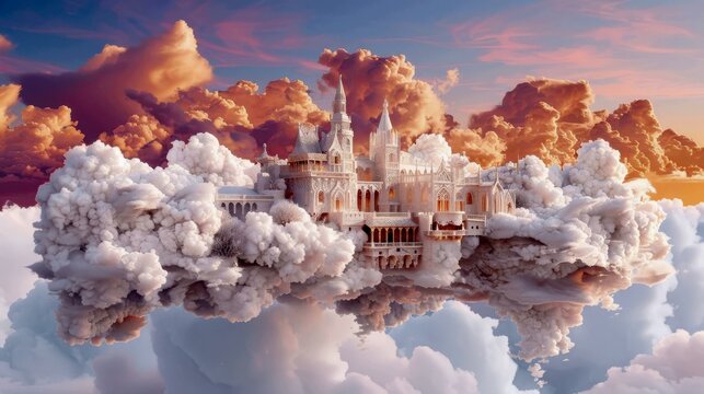 A epic digital painting of a majestic castle built upon and out of giant, solid-looking clouds