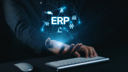 ERP platform visual showing centralized system for enterprise resource planning, improving integration, data flow, business efficiency, finance, inventory, and human resources. Elide