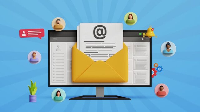 Email campaign, Direct Digital Marketing, Newsletter Subscription, Content Promotion, Online Sales Strategy. Reaching Online Audience with Email Marketing on a Computer. 4K 3D Animation