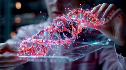 A first-person perspective from a student's viewpoint. Their hands are manipulating a complex, glowing DNA strand model that floats in the air before them