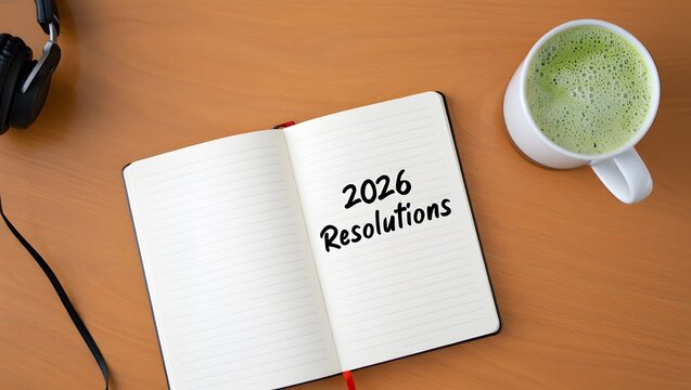 Open notebook with 2026 resolutions and a cup of green drink