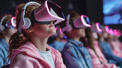 A shot from the back of the classroom, focusing on the students. They are all wearing streamlined VR headsets, their faces illuminated by the internal displays
