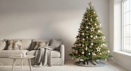 3d render Christmas tree in Scandinavian interior. Blank wall background