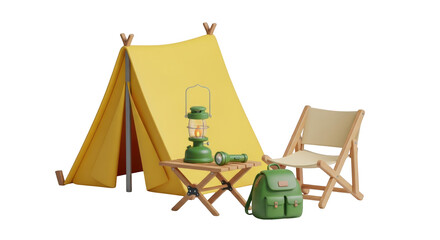 Yellow tent camping setup with lantern and chair isolated on a transparent background outdoor