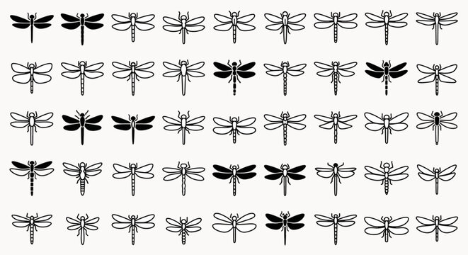 Seamless Pattern of Stylized Dragonflies in Black and White Outline and Solid Fill Variations on a Light Background