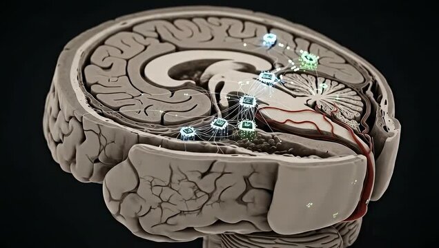 Human brain cross section with digital circuits and connections animation
