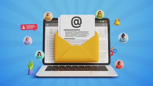 Email campaign, Direct Digital Marketing, Newsletter Subscription, Content Promotion, Online Sales Strategy. Reaching Online Audience with Email Marketing on a Laptop. 4K 3D Animation